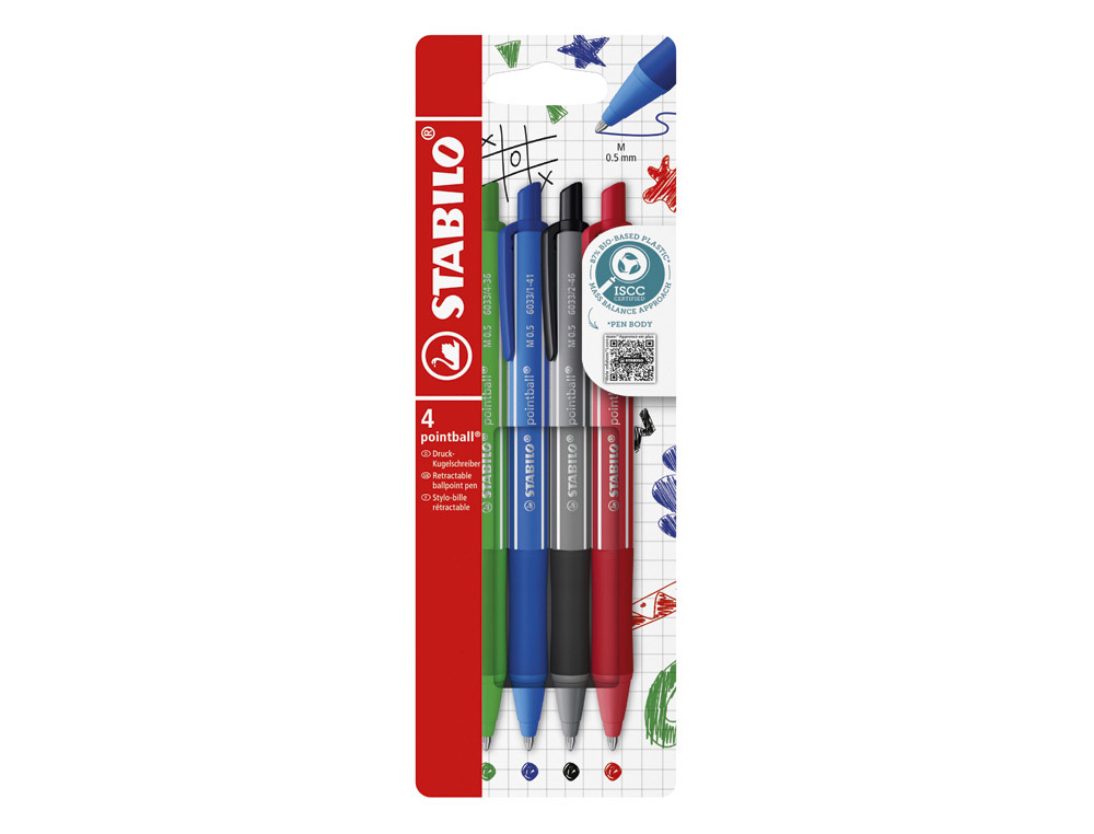 Stylo-bille stabilo pointball colorful 3200m d'ecriture     trait 0,5mm retractable grip  antiderapant coloris assortis