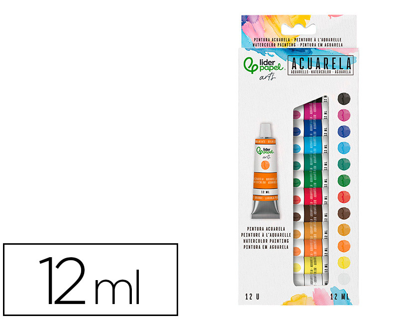 Peinture aquarelle liderpapel boite de 12 tubes en          aluminium de 12 ml coloris    assortis