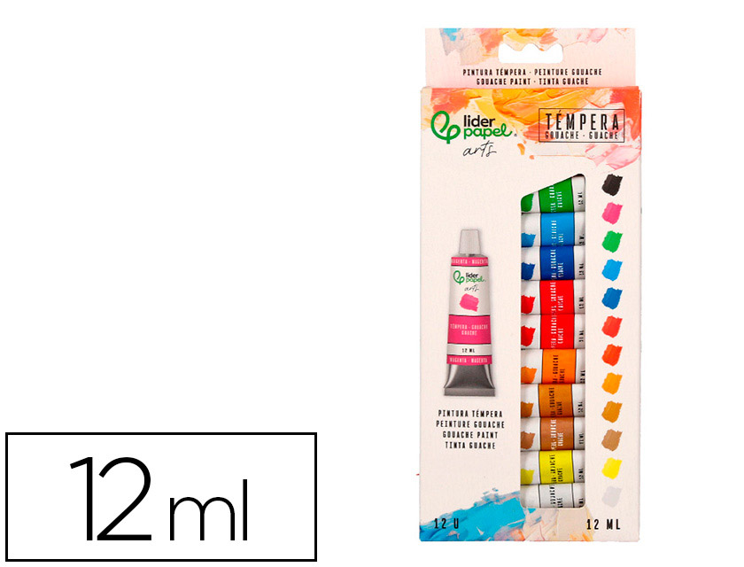 Peinture gouache tempera liderpapel boite de 12 tubes  en aluminium de 12 ml coloris assortis