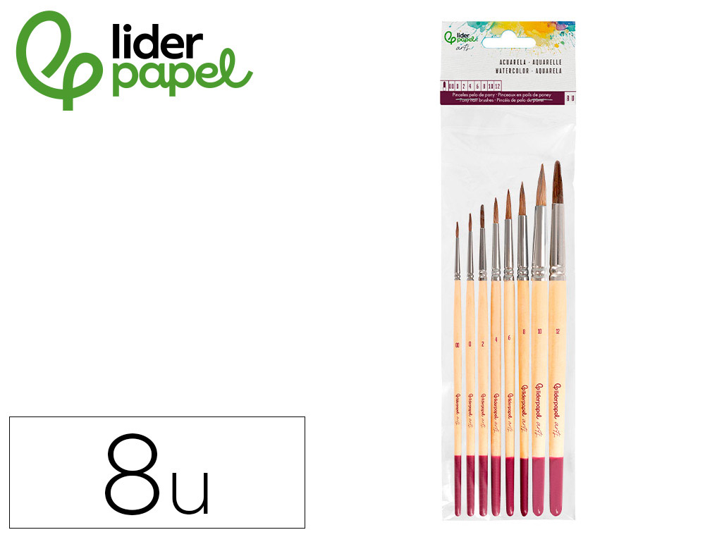 Pinceaux aquarelle liderpapel poil naturel de poney blister de 8 unites assortis certifie fsc