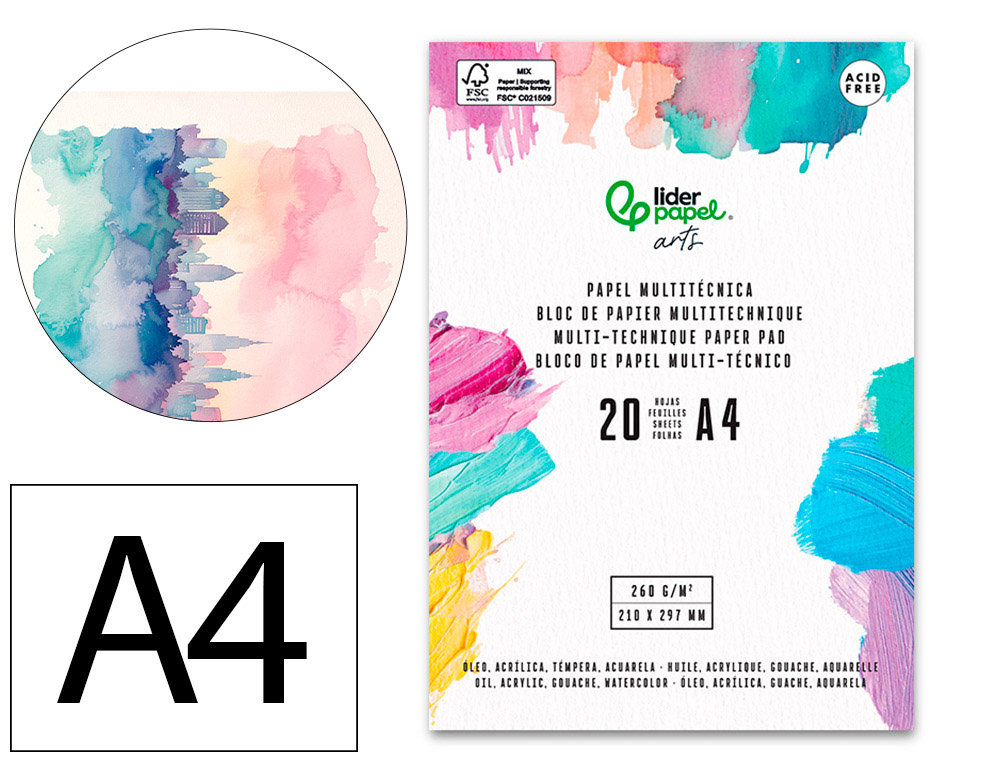 Bloc de papier multi-techniques liderpapel   format a4 pour acrylique      huile et gouache 20 feuilles