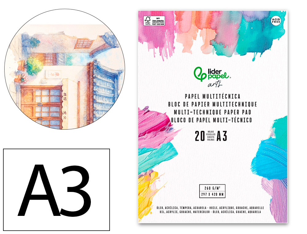 Bloc de papier multi-techniques liderpapel   format a3 pour acrylique      huile et gouache 20 feuilles