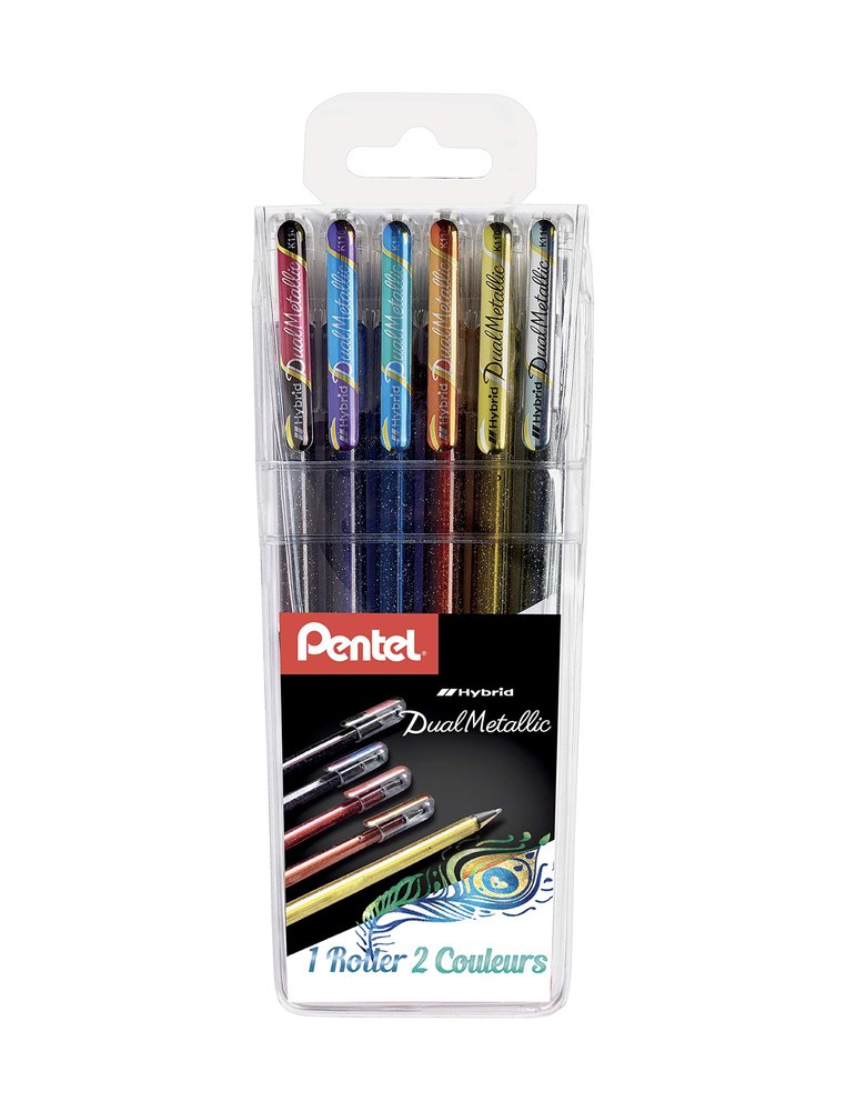 Roller gel pentel dual metallic retractable pointe   1mm effets couleur coloris    assortis pochette 6 unites