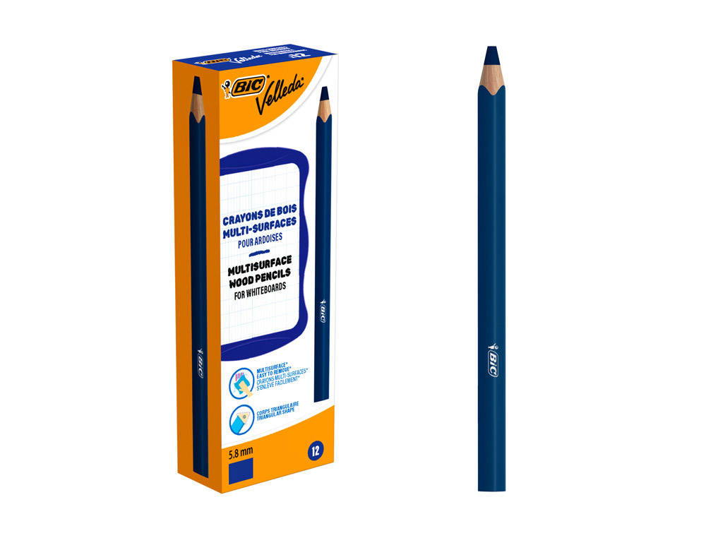 Crayon couleur bic kids multi-surfaces pointe 5,8mm   corps triangulaire coloris    bleu boite 12 unites