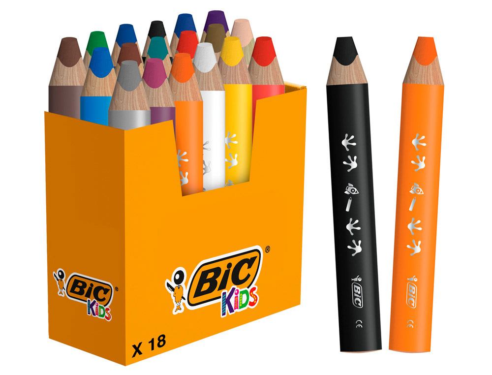 Crayon couleur bic kids multi-surfaces pointe 10mm    corps triangulaire coloris    assortis boite 18 unites +