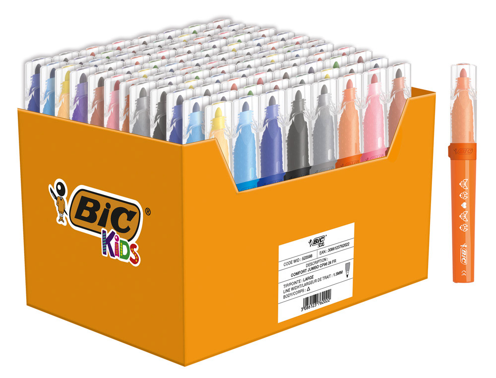 Feutre coloriage bic kids comfort grip pointe large     encre ultra-lavable base      eauácoloris assortis pack 96
