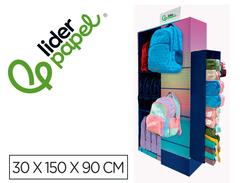 Presentoir de sol liderpapel sacs a dos et trousses de sol en carton avec 60 unites      assorties 30x150x90cm