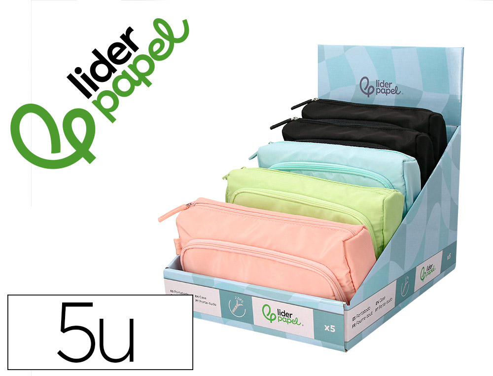 Presentoir de 5 trousses liderpapel minibag 2          fermetures eclair avec poche  interieure 290x310x230mm