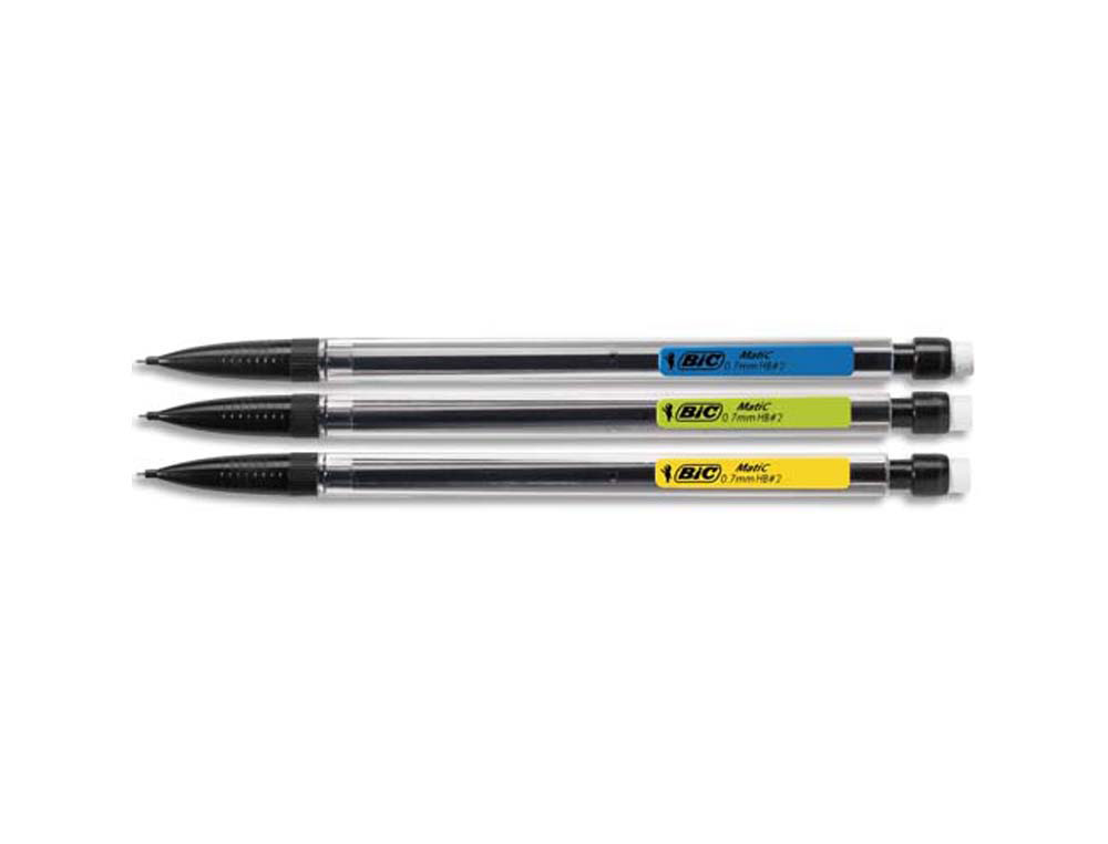 Porte-mine bic matic classic 0.7mm embout gomme corps transparent intérieur gris agrafe colorée 3 mines hb original