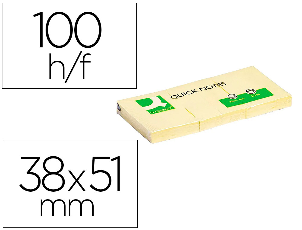 Bloc-notes q-connect quick notes 38x51mm 3 blocs 100f repositionnables coloris jaune