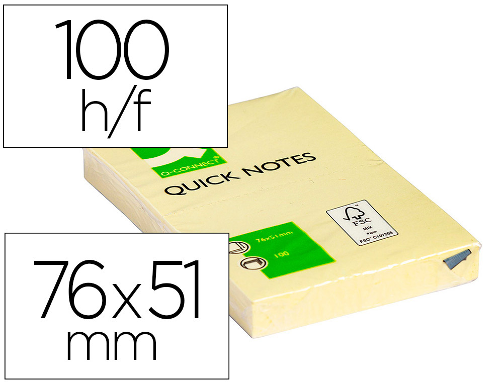 Bloc-notes q-connect quick notes 51x76mm 1 bloc 100f repositionnables coloris jaune