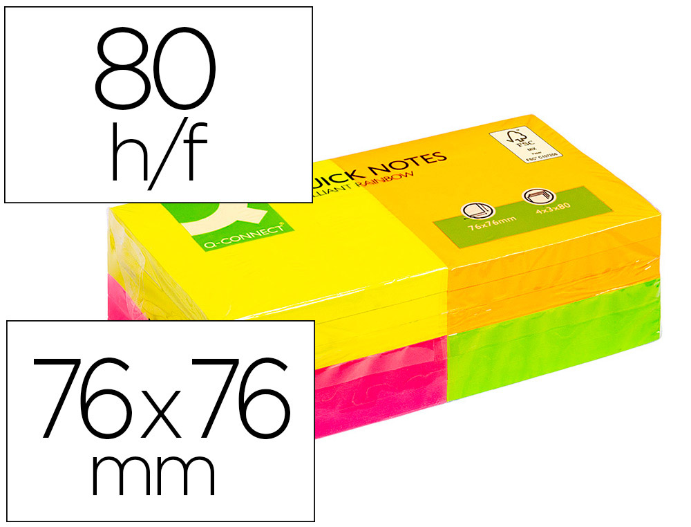 Bloc-notes q-connect quick notes couleurs néon rainbow 76x76mm 80f repositionnables rose/orange/vert/jaune 12 blocs