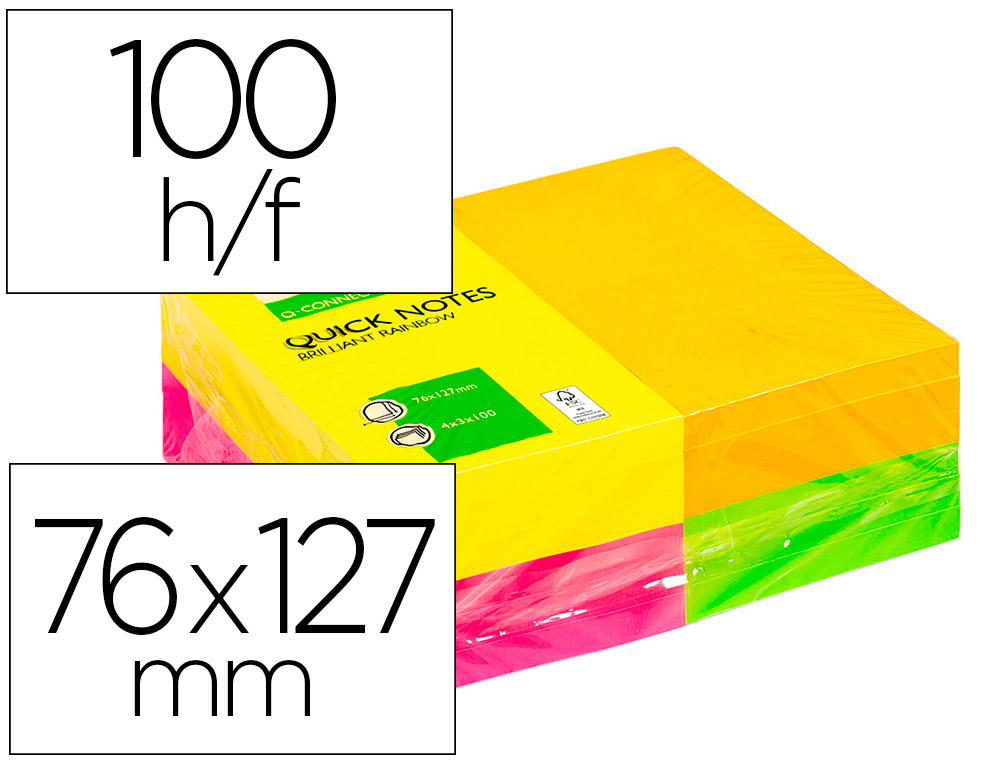 Bloc-notes q-connect quick notes couleurs néon rainbow 76x127mm 100f repositionnables roseorange/vert/jaune 12 blocs