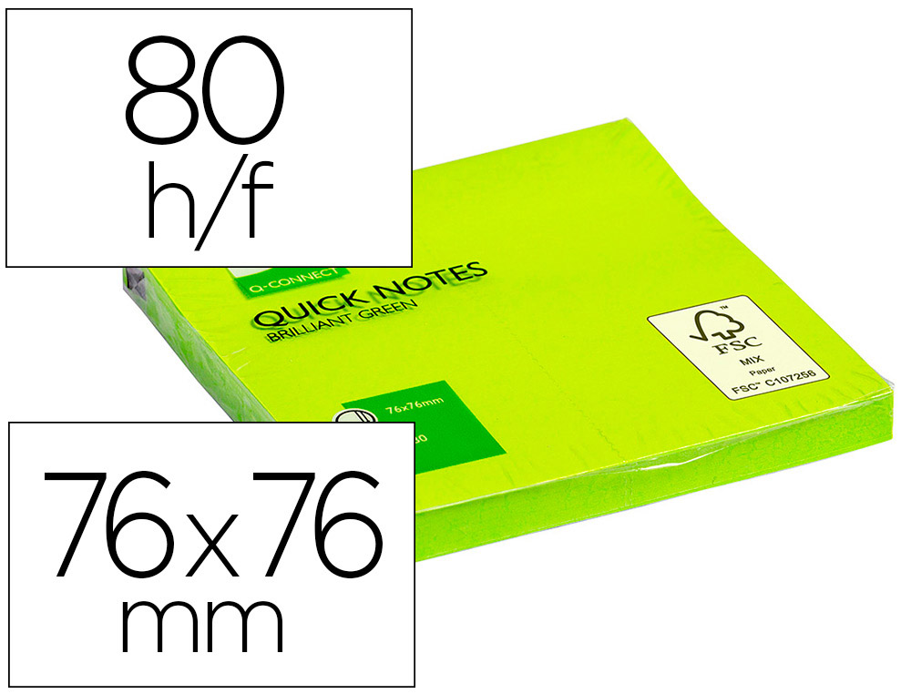 Bloc-notes q-connect quick notes couleurs néon 76x76mm 80f repositionnables coloris vert vif