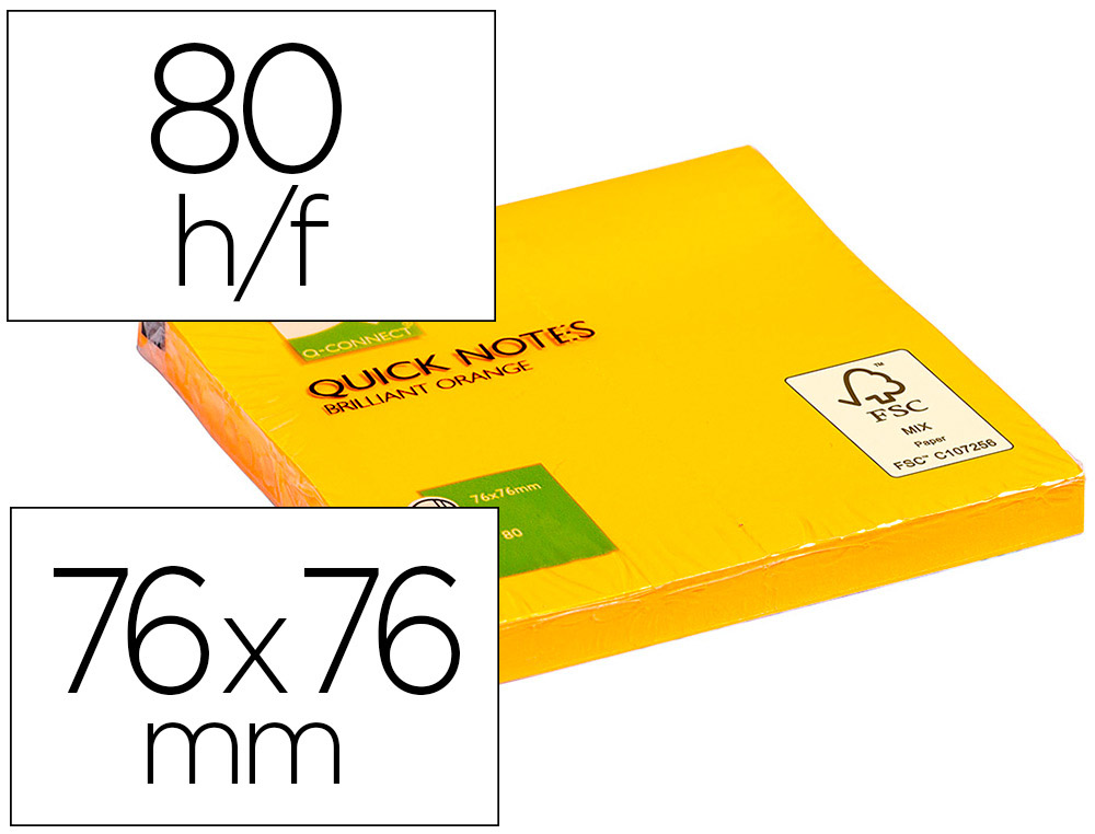 Bloc-notes q-connect quick notes couleurs néon 76x76mm 80f repositionnables coloris orange vif