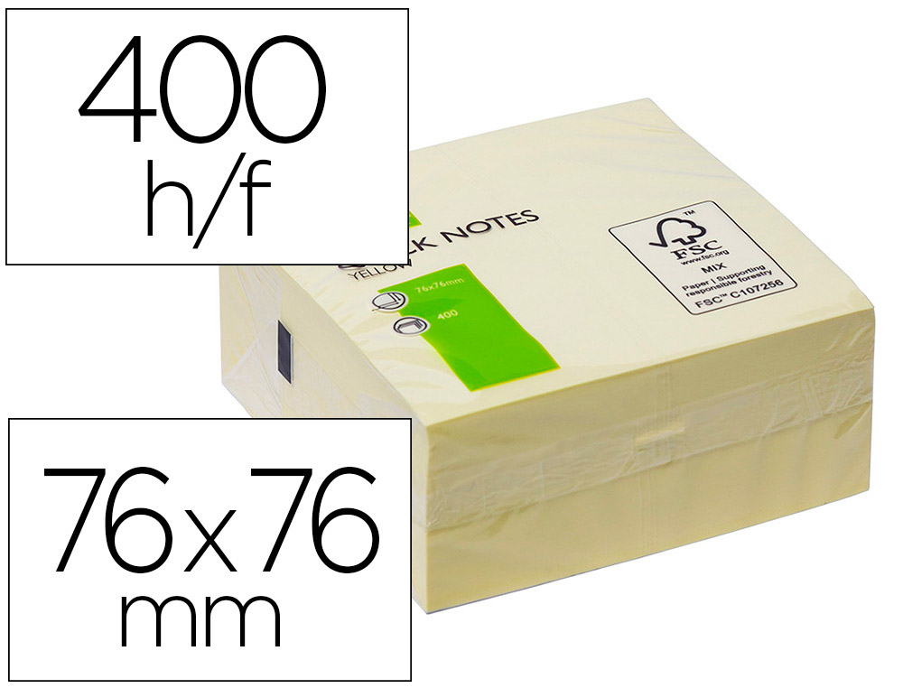 Bloc-notes q-connect cube quick notes 76x76mm 400f repositionnables sans traces coloris jaune