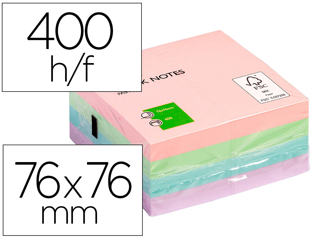Bloc-notes q-connect cube quick notes 76x76mm 400f repositionnables sans traces coloris pastel