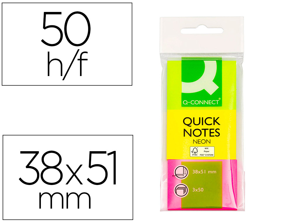 Bloc-notes q-connect couleurs néon 38x51mm 50f repositionnables coloris assortis 3 blocs