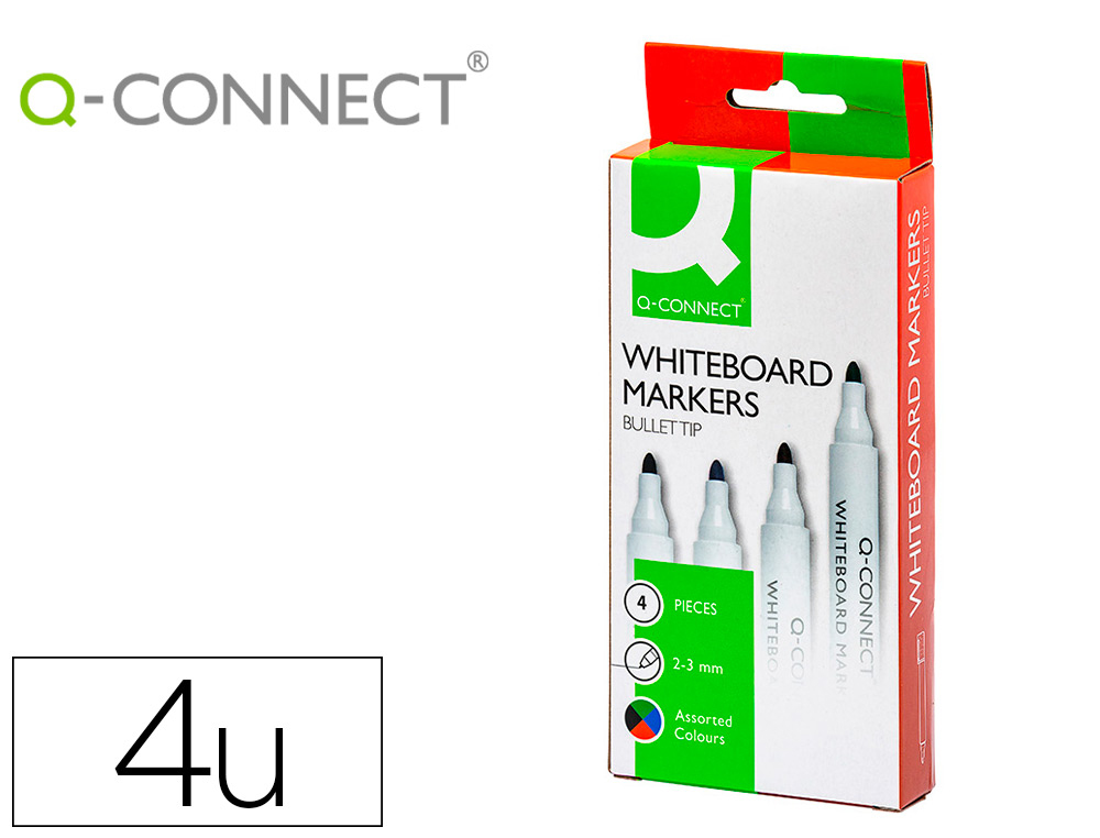 Marqueur q-connect tableau blanc pointe ogive tracé 2/3mm   corps plastique encre base    alcohol pochette 4 unit assort