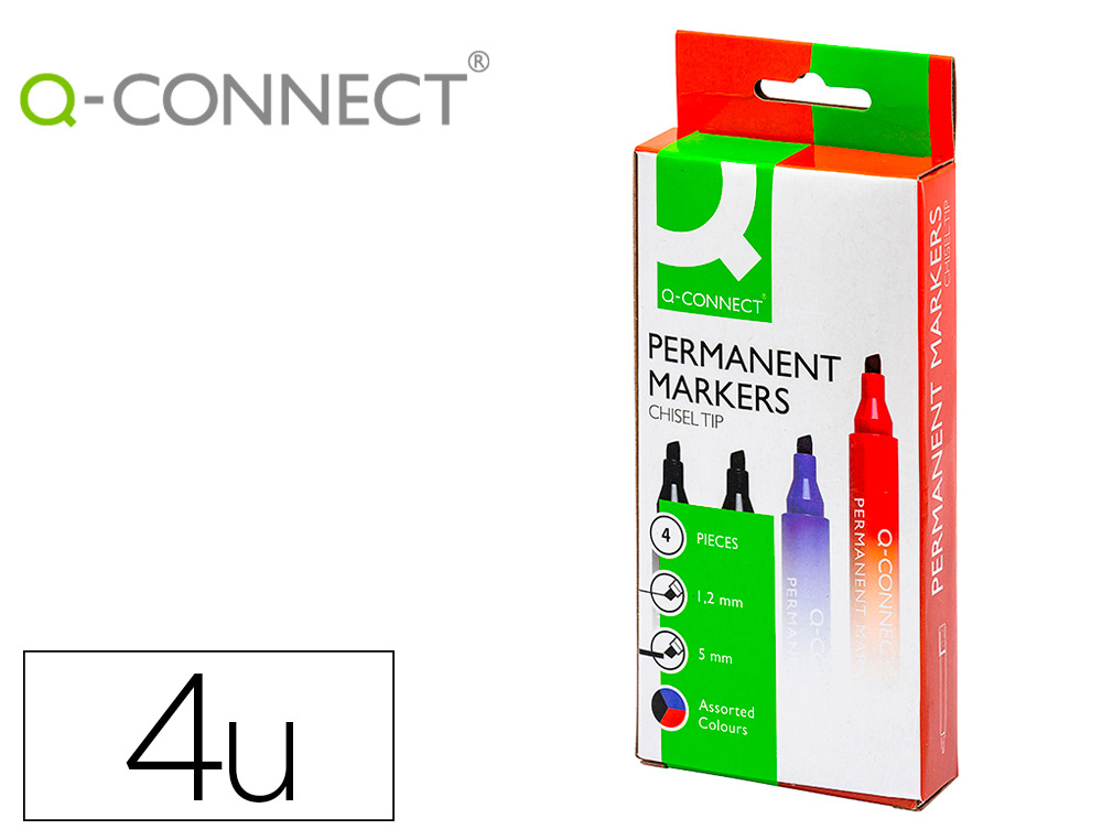 Marqueur q-connect permanent pointe biseautée tracé 5mm résistante corps plastique pochette 4 unités