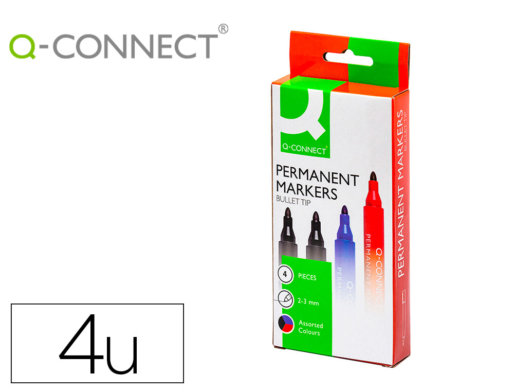 Marqueur q-connect permanent pointe ogive tracé 3mm résistante corps plastique pochette 4 unités