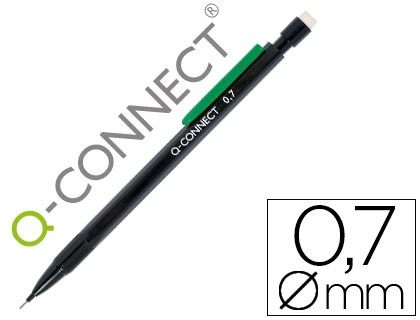 Porte-mine q-connect 0.7mm corps plastique noir embout gomme 3 mines hb agrafe verte