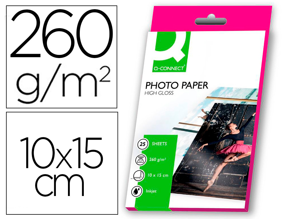 Papier photo q-connect jet d'encre glacé ultra-brillant 100x150mm 260g/m2 compatible toute imprimante paquet 25 feuilles