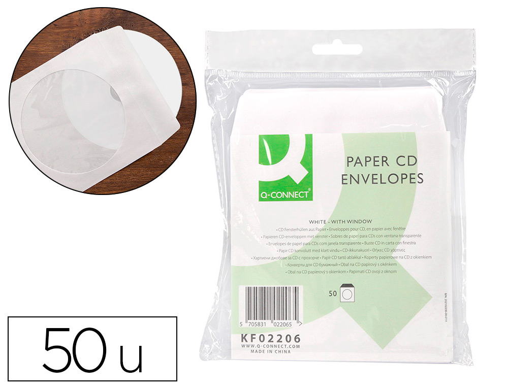 Pochette cd/dvd q-connect papier fenêtre rabat auto-adhésif coloris blanc paquet 50 unités