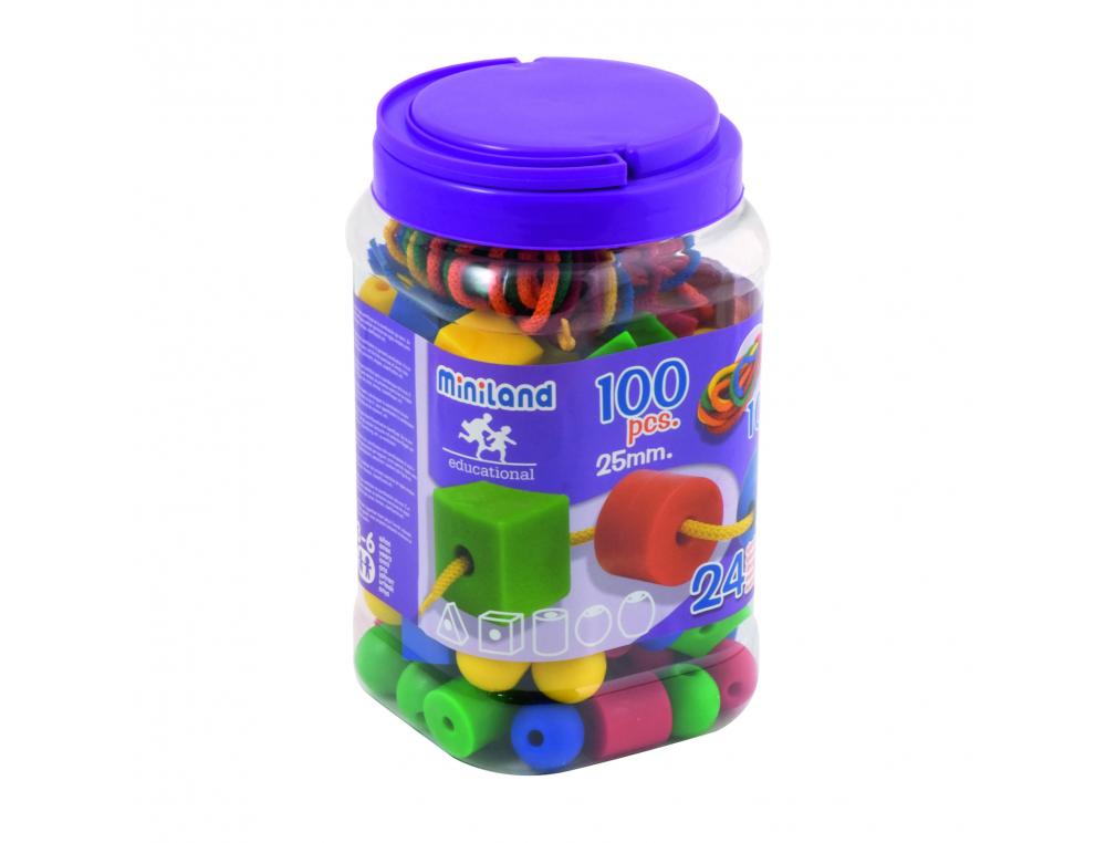 Lot maxi 100 perles plastique miniland 10 lacets 12 fiches  5 formes et coloris assortis