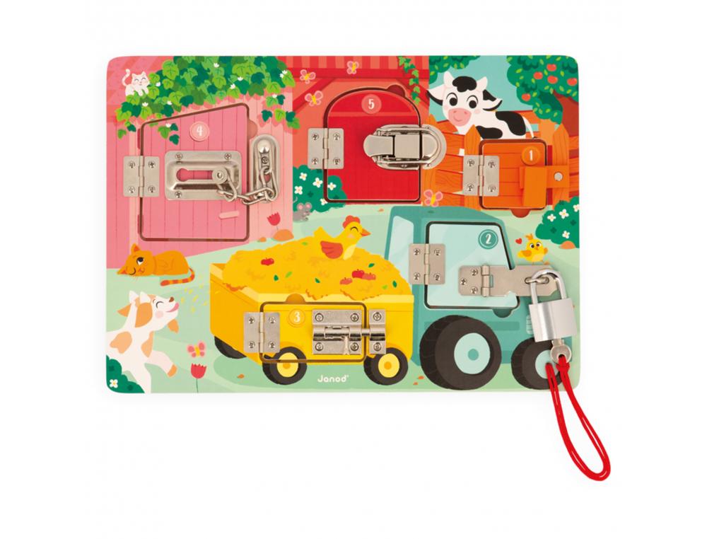 Pedagogie montessori janod planche a cadenas la ferme 5  portes ouvertures differentes