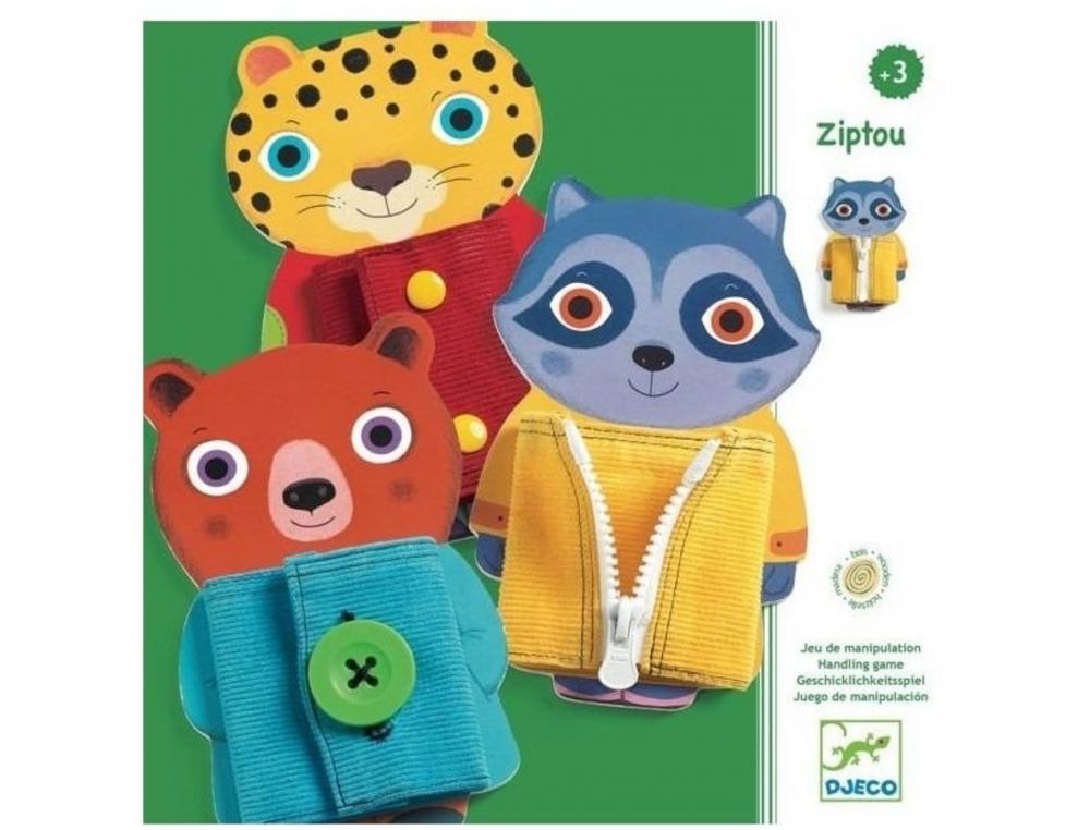 Pedagogie montessori djeco ziptou favorise la            concentration 3 animaux en    bois 1 a 3 joueurs