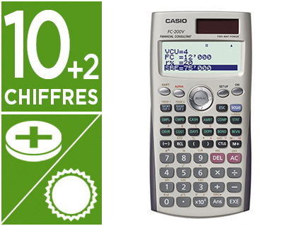 Calculatrice casio financière fc-200v grand écran lcd 4 lignes calcul 161x80x13.7mm 110g obligations point mort