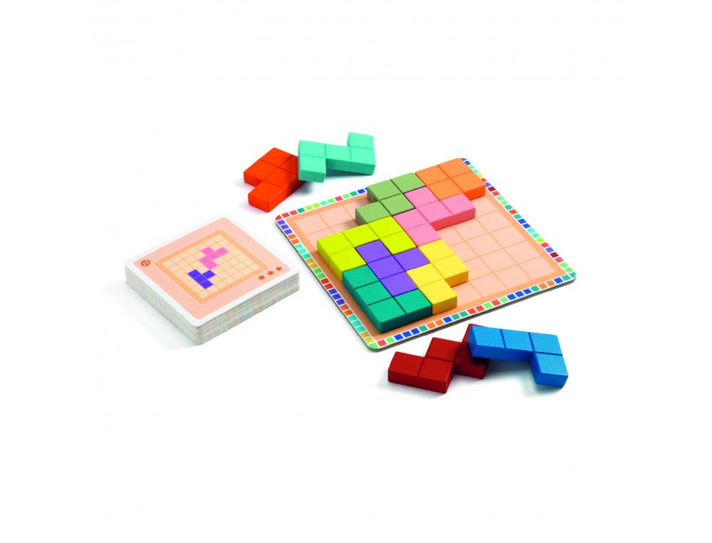 Logique reflexion djeco polyssimo 3 niveaux 11 pieces en bois 30 cartes defis 1     plateau quadrille 1 joueur