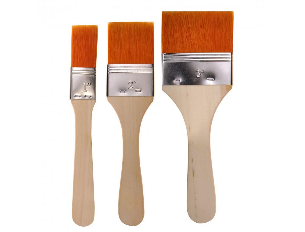 Set 3 brosses synthetiques extra larges manche en bois   naturel poils dores largeur   25 50 et 75 mm