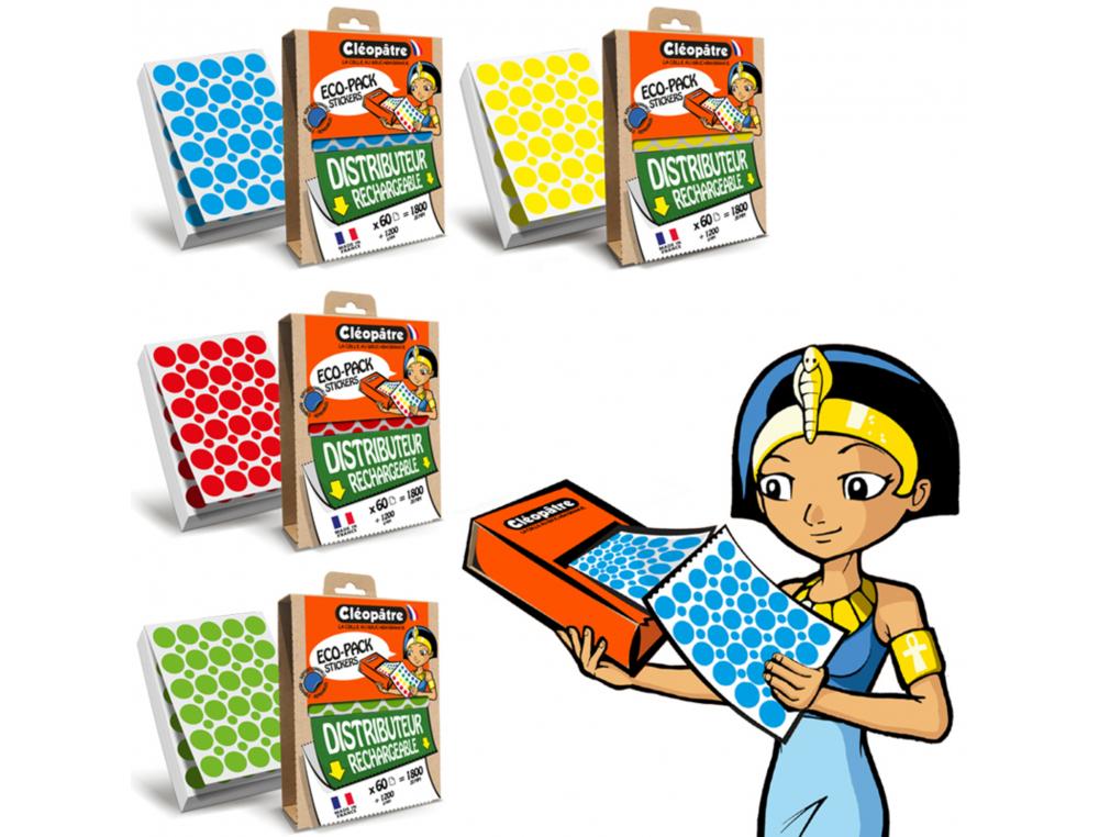 Gommette geometrique cleopatre diam 18mm 4 coloris assortis ecopack de 4 boites  7200 gommettes + 4800 8mm
