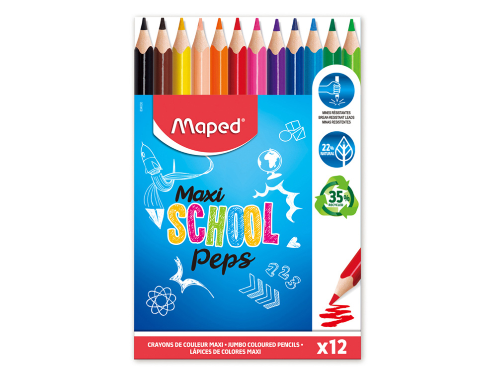 Crayon school peps maxi maped corps triangulaire coloris    assortis etui 12 unites