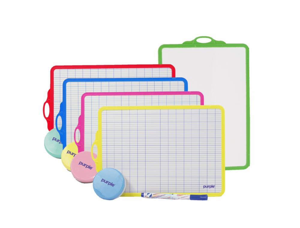 Kit ardoise blanche office plast 18,5x27,5cm quadrillee  1 face seyes 1 face unie      cadre 5 coloris assortis
