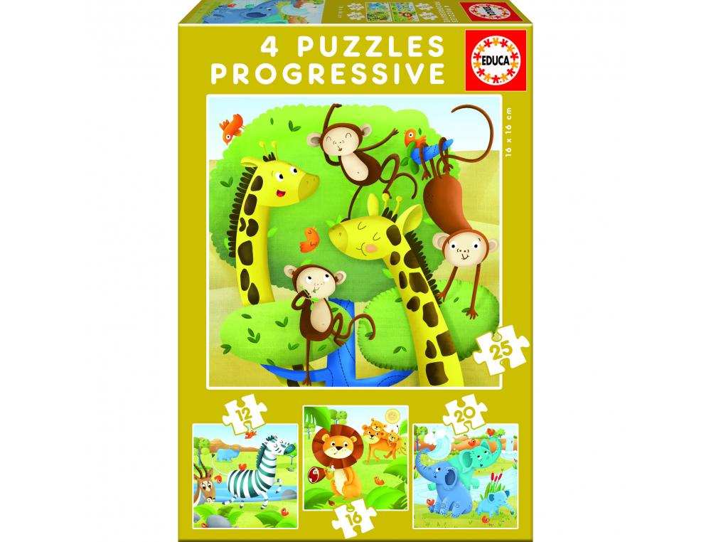 Puzzles progressifs educa les animaux sauvages en carton    epais 4 puzzles 12 16 20 et   25 pieces