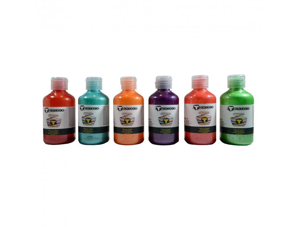 Encre a dessiner nacree tcolors flacons de 250 ml 6   unites coloris assortis