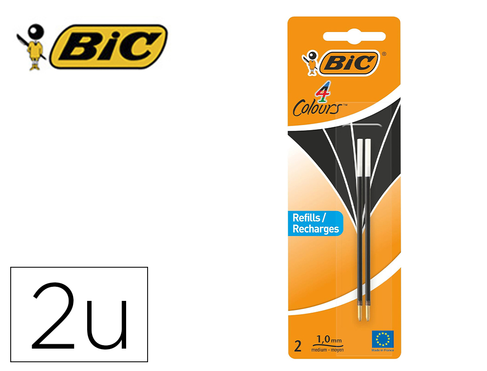 Recharge bic stylo 4 couleurs pointe 1mm trait 0,32mm       coloris noir blister 2 unites