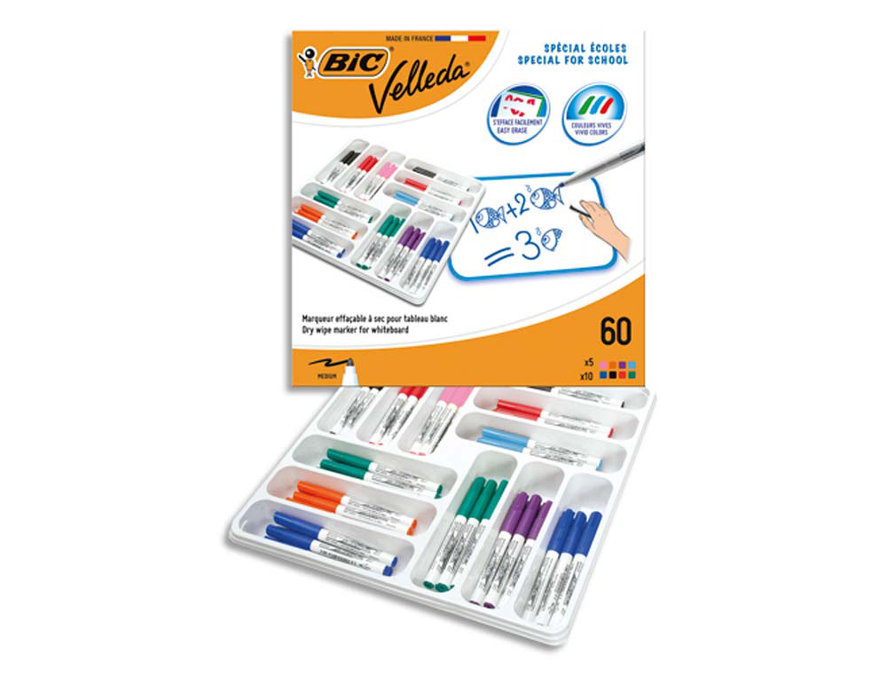 Marqueur bic velleda 1741 effacable pointe ogive encre  base alcool inodore 8 coloris assortis medium classpack 60