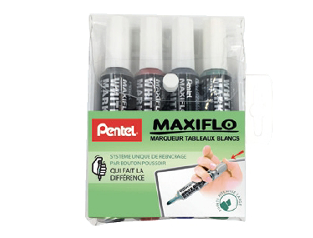 Marqueur pentel maxiflo effacable tableau blanc       bouton poussoir pointe        biseaute coloris assortis