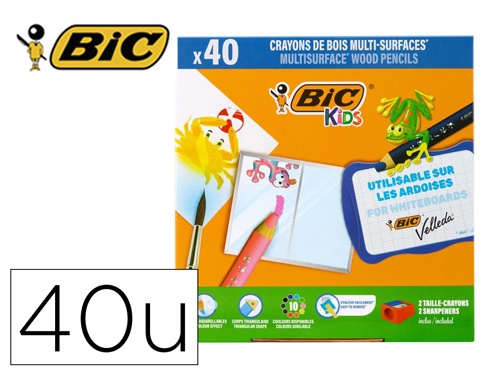 Crayon couleur bic kids multi-surfaces corps          triangulaire bois 10 coloris  assortis classpack 40 uni + 2