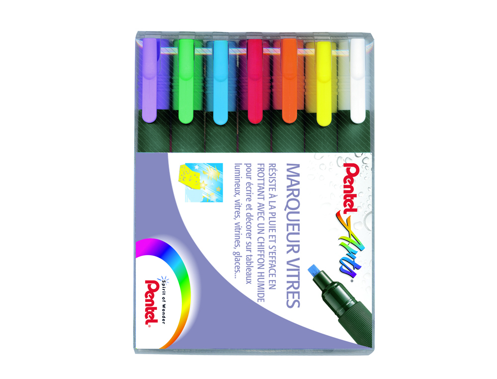 Marqueur pentel vitre effacable encre resistante    pluie pointe biseaute 2mm     coloris assortis pochette 7