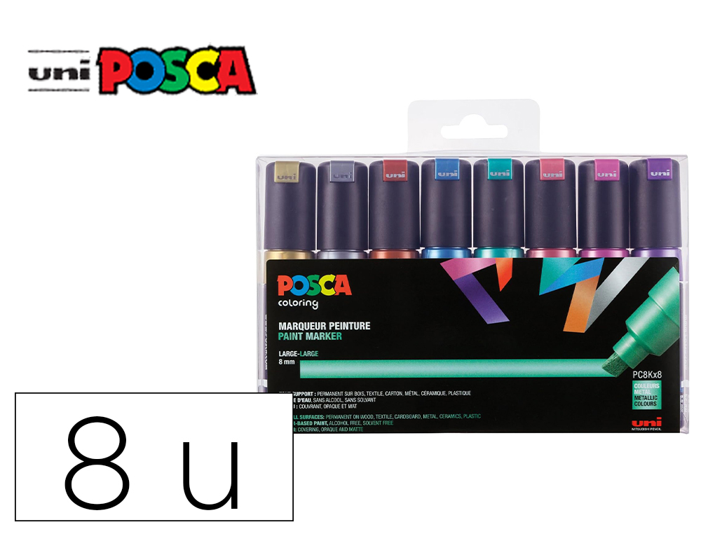 Marqueur posca pc8k pointe biseautee trait 8mm coloris   metallises assortis boite 8   unites