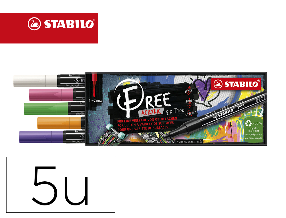 Marqueur stabilo spring free acrylic toutes surfaces t100  pointe fine set 1 coloris     assortis coffret 5 unites