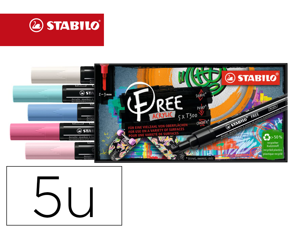 Marqueur stabilo candy free acrylic toutes surfaces t300  pointe moyenne set 1 coloris  assortis coffret 5 unites