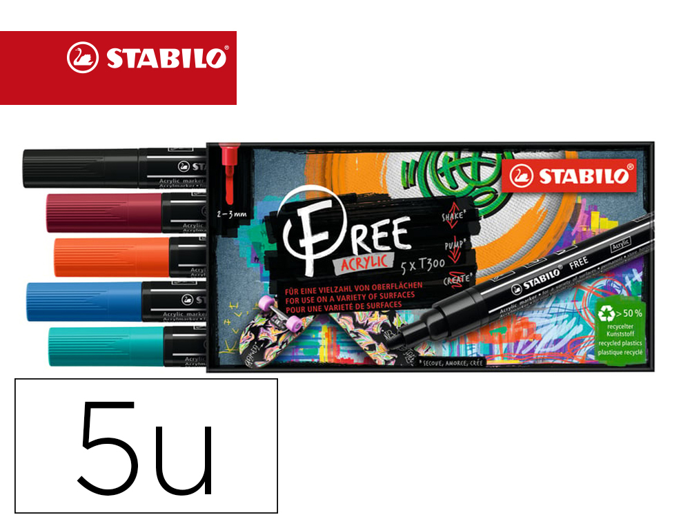 Marqueur stabilo urban free acrylic toutes surfaces t300  pointe moyenne set 2 coloris  assortis coffret 5 unites