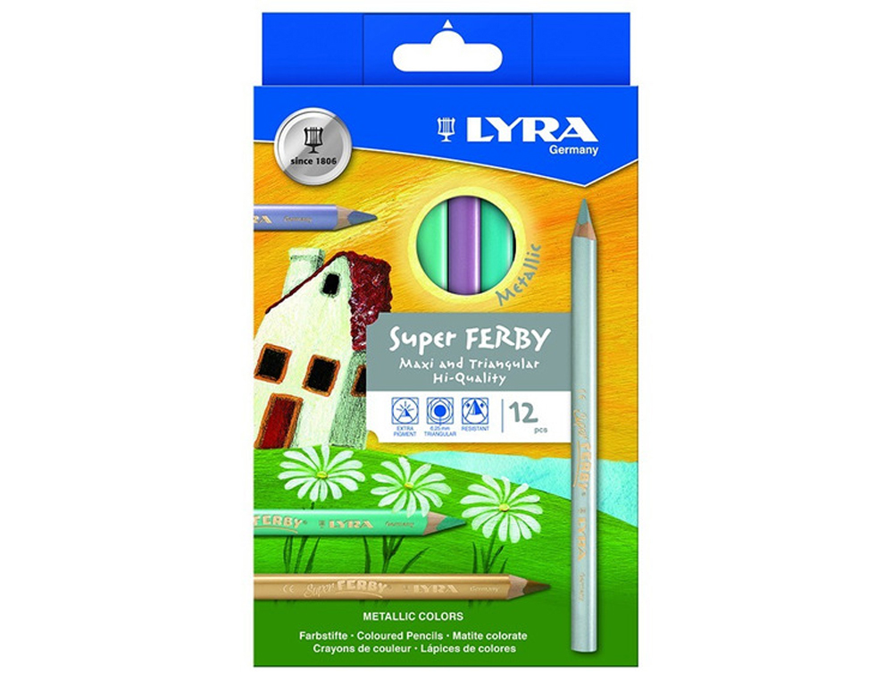 Etui crayons de couleur super ferby lyra forme triangulaire bois 12cm mine 6mm 12 unites  coloris metalliques assortis