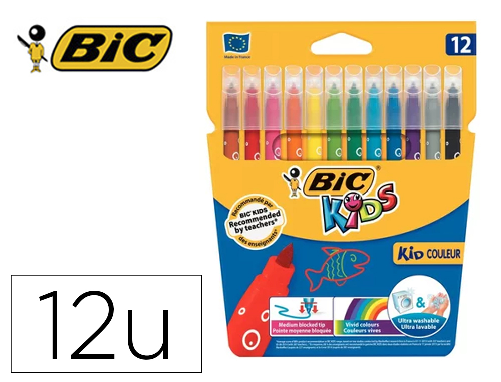 Lot bic kids couleur 12 pochettes de 12 feutres       pointe moyenne dont 2         gratuites coloris assortis